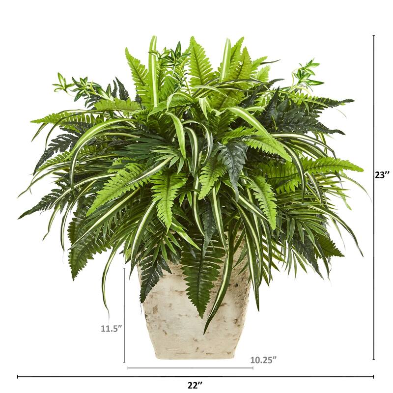 23" Mixed Greens and Fern Artificial Plant in White Planter