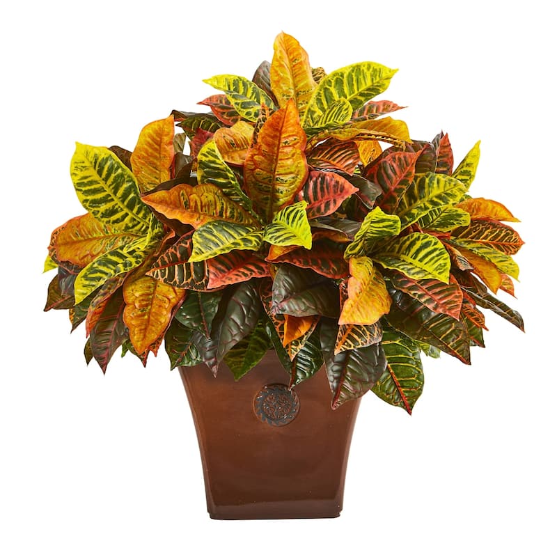 25" Garden Croton Artificial Plant in Brown Planter (Real Touch)