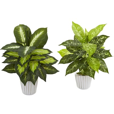 19" Dieffenbachia Artificial Plant in White Vase (Set of 2)