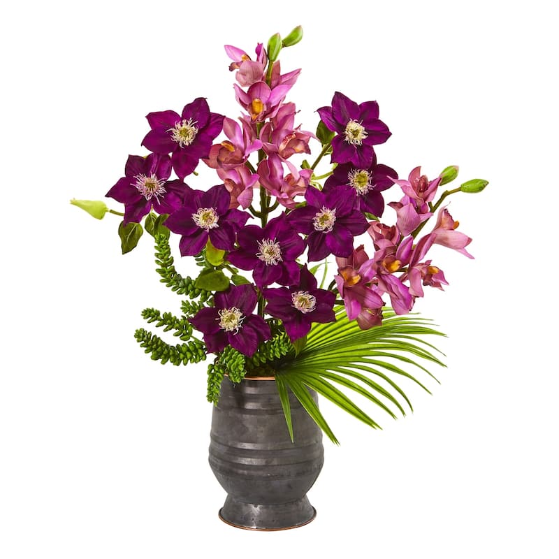 Cymbidium Orchid, Anemone, Succulent And Fan Palm Artificial 