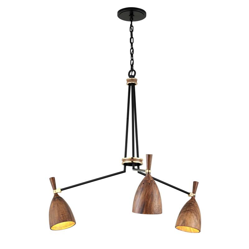 Utopia Garden by Martyn Lawrence Bullard 3-Arm Satin Black with Polished Brass LED Chandelier - Acacia Wood Shade