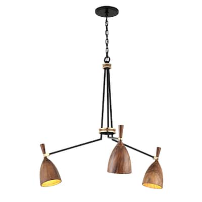 Utopia Garden by Martyn Lawrence Bullard 3-Arm Satin Black with Polished Brass LED Chandelier - Acacia Wood Shade