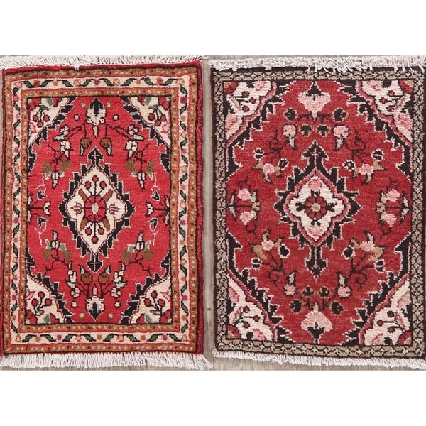 Set of 2 Hamedan Oriental Hand Knotted Wool Persian Rugs - 2'0" x 1'6" Square