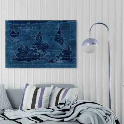 Oliver Gal 'Upside-Down Map of the World' Maps and Flags Wall Art Canvas Print - Blue