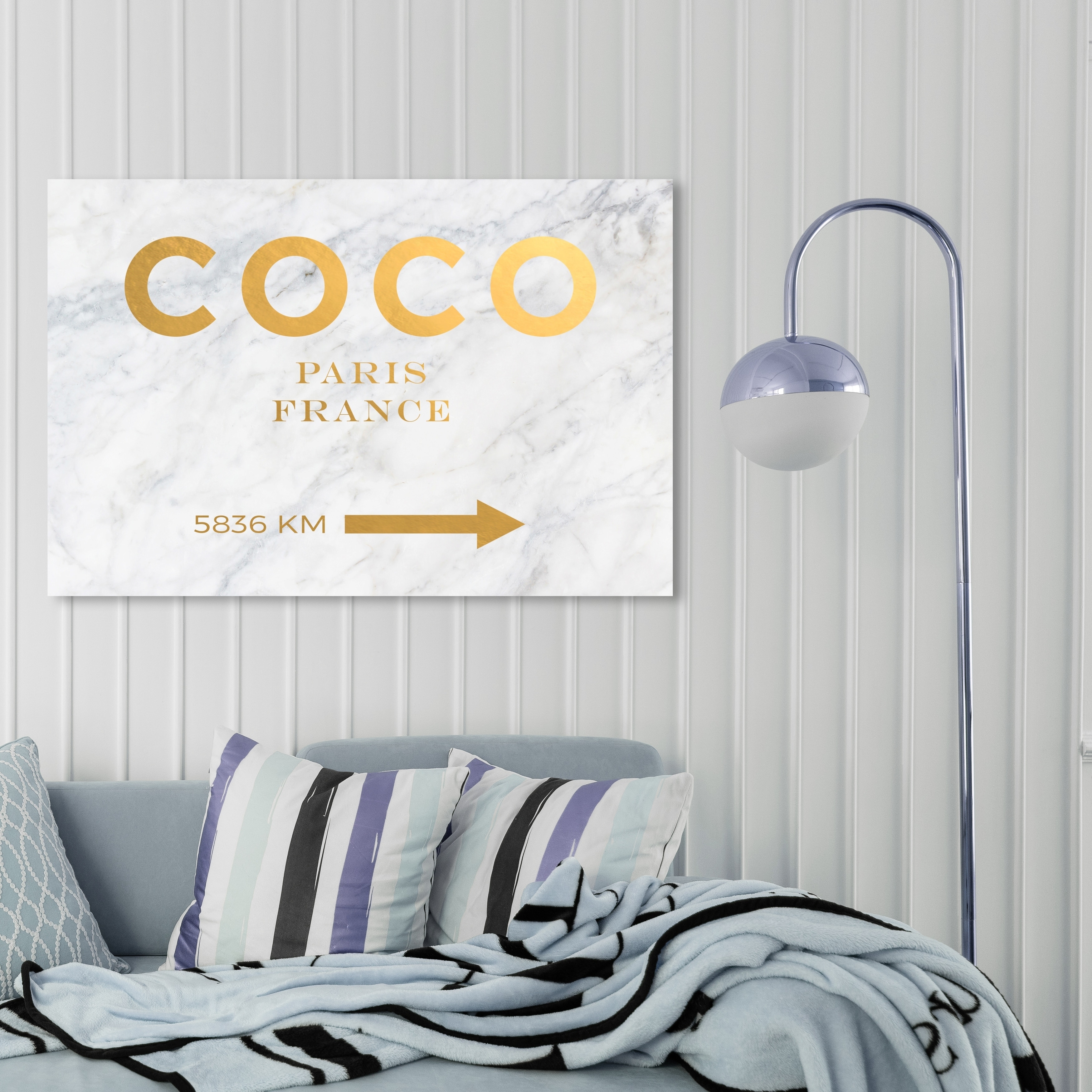  The Oliver Gal Artist Co. Fashion and Glam Contemporary Wrapped Canvas  Wall Art Parisian Road Sign Living Room Bedroom and Bathroom Home Decor 45  in x 30 in White and Gold 