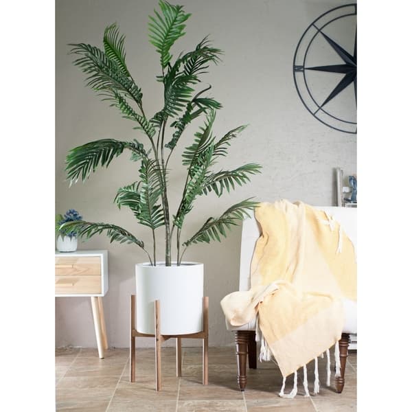 slide 2 of 3, Mid-Century Modern Ceramic Planter White With Wood Stand 13? Special Walnut Handmade - White/Tan - Planters - Ceramic/Wood - Assembly Required - Mid-Century Modern - Round