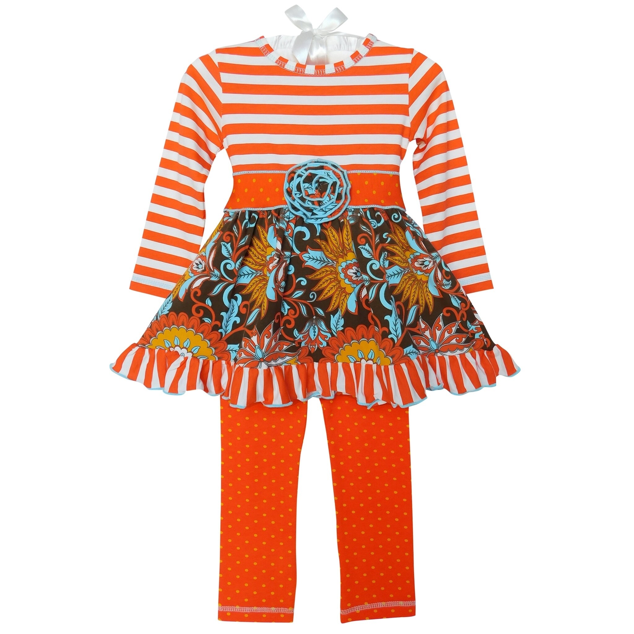 NEW Boutique Girls Yellow Floral Ruffle Tunic Dress Striped Leggings Outfit Set