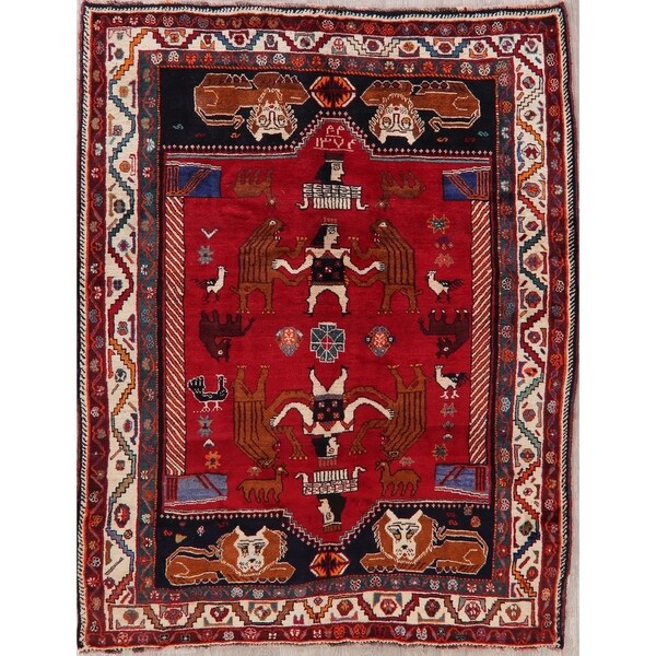 Shiraz Novelty Oriental Hand Knotted Wool Persian Tribal Area Rug - 7'7" x 5'4"