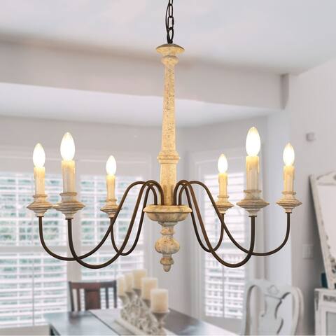 Oaks Aura Rustic Shabby Chic 6-Light Off-White Wood Candle Chandelier - 33 inches