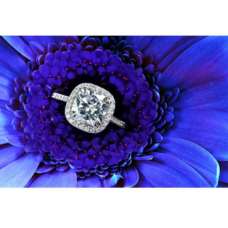Annello by Kobelli 14k White Gold 3ct TGW Cushion Forever One 8.5mm Moissanite and Natural Diamond Halo Engagement Ring