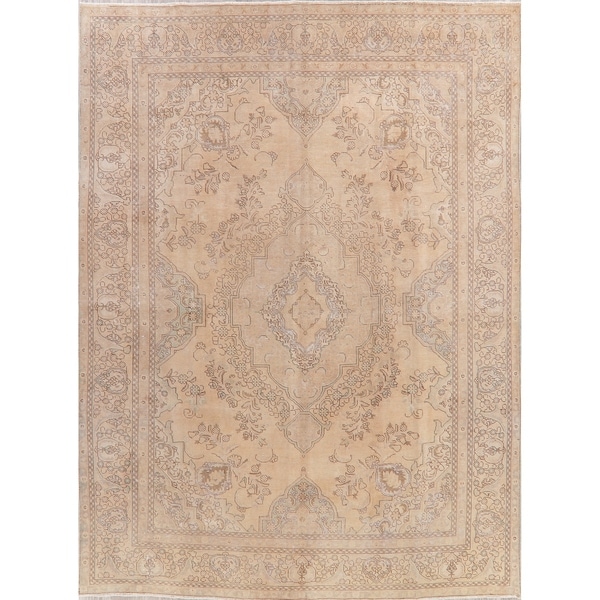 Vintage Tabriz Oriental Hand Knotted Muted Distressed Persian Area Rug - 12'6" x 9'2"