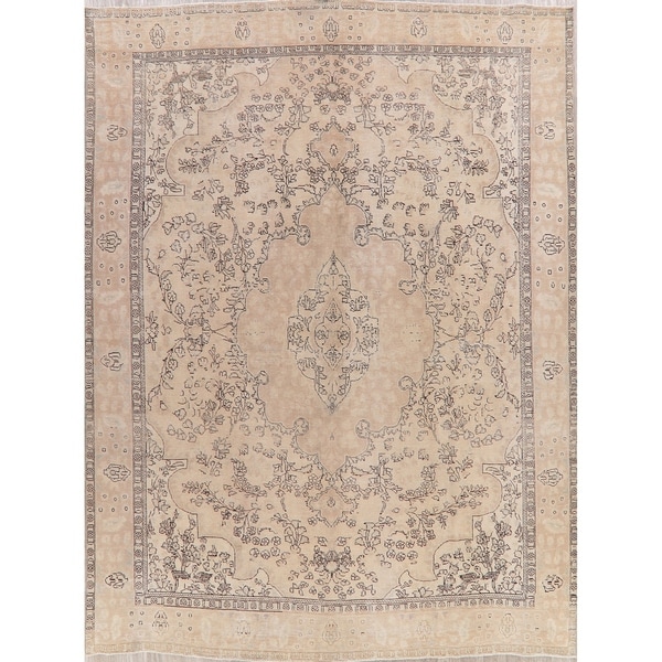 Tabriz Medallion Vintage Handmade Persian Muted Distressed Area Rug - 12'9" x 9'10"