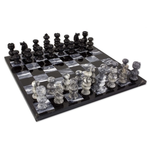 Handmade 'Check in Gray' Onyx and Marble Chess Set (Mexico) - Black/White - N/A