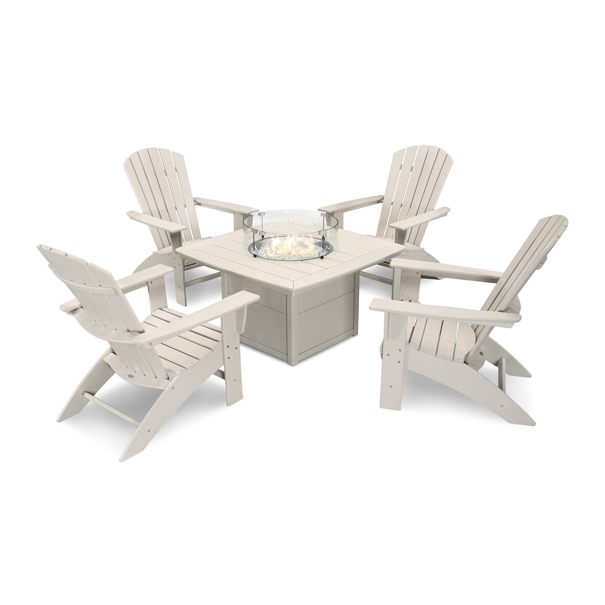 Polywood Nautical Curveback Adirondack 5 Piece Conversation Set With Fire Table In Aruba White