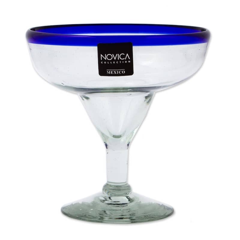 NOVICA Artisan Handblown Recycled Margarita Glasses Blue Cocktail Drinkware Clear Mexican Tableware 'Happy Hour'(set of 4)