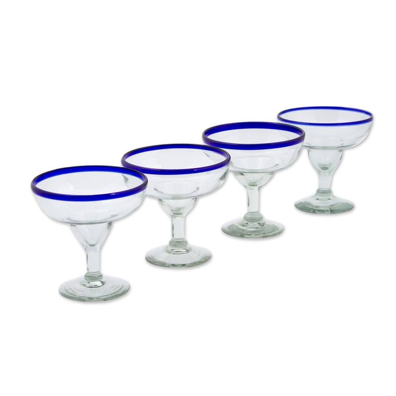 NOVICA Artisan Handblown Recycled Margarita Glasses Blue Cocktail Drinkware Clear Mexican Tableware 'Happy Hour'(set of 4)