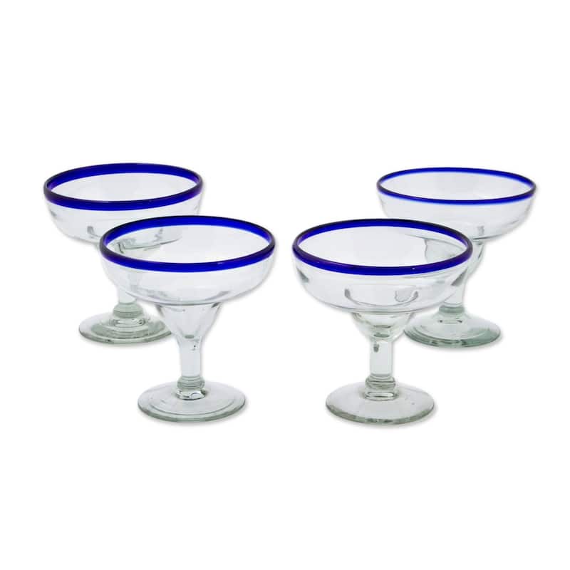 NOVICA Artisan Handblown Recycled Margarita Glasses Blue Cocktail Drinkware Clear Mexican Tableware 'Happy Hour'(set of 4) - 4 Piece