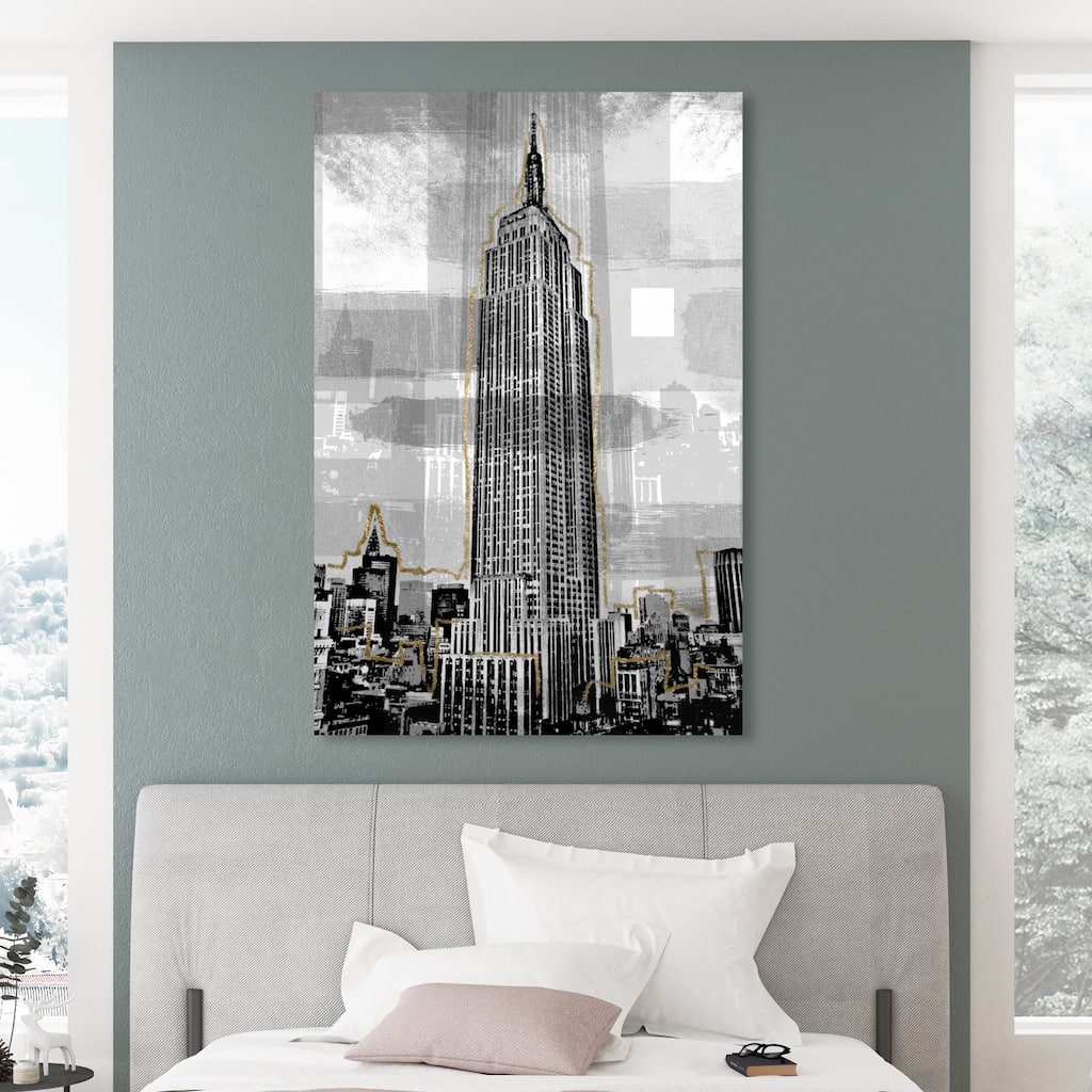 Oliver Gal 'Golden Empire State' Architecture and Buildings Wall Art Canvas Print - Gray, White