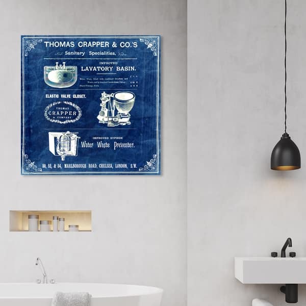 Shop Oliver Gal Thomas Crapper Inventor Of The Toilet Blue Bath And Laundry Wall Art Canvas Print Blue White Overstock 28595573