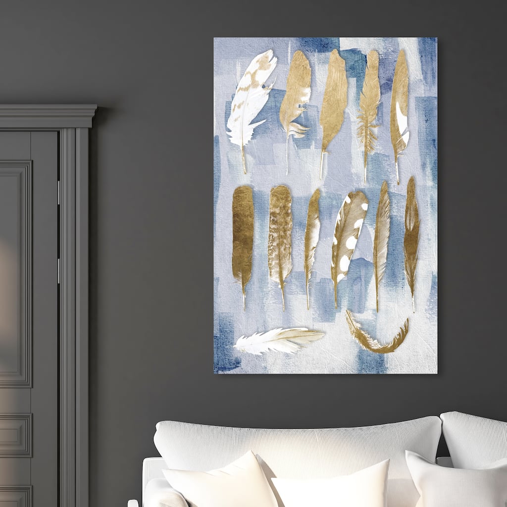 Oliver Gal 'Gold and Blue Feathers' Fashion and Glam Wall Art Canvas Print - Blue, Gold