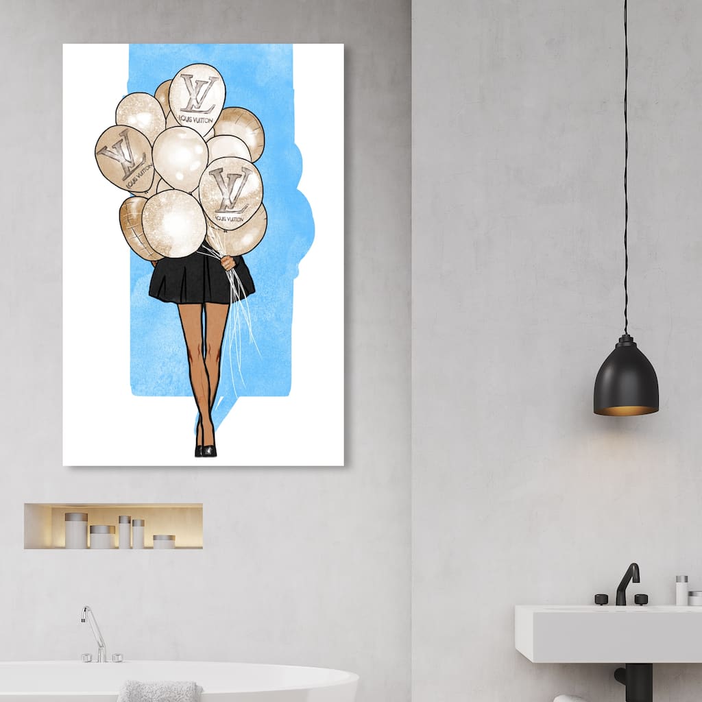 Oliver Gal 'Balloon Girl Blue' Fashion and Glam Wall Art Canvas Print - Black, Gold