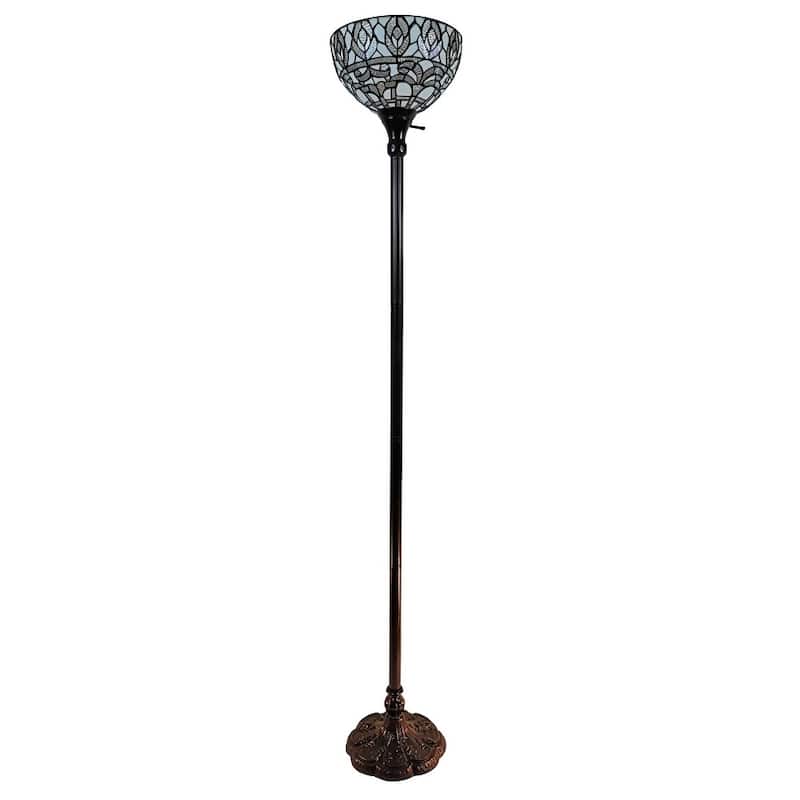 Tiffany Style Floor Lamp Torchiere Standing 72" Tall Stained Glass White Traditional Peacock Reading AM275FL12B Amora Lighting