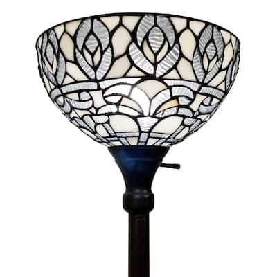 Tiffany Style Floor Lamp Torchiere Standing 72" Tall Stained Glass White Traditional Peacock Reading AM275FL12B Amora Lighting