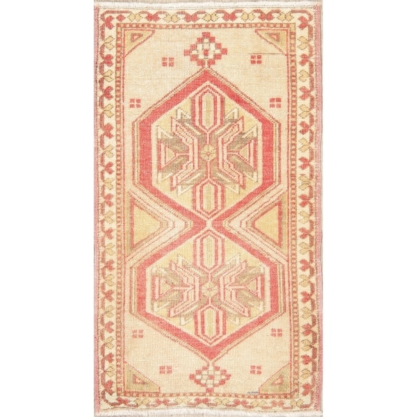Oushak Oriental Tribal Hand-Knotted Wool Vintage Turkish Area Rug - 3'3" x 1'10"