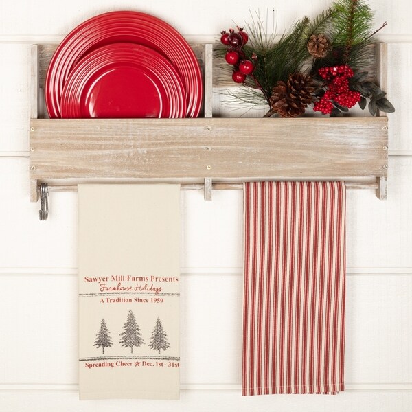 White Farmhouse Holiday Decor VHC Sawyer Mill Holidays Tree Kitchen Towel Set of 2 Fabric Loop Cotton Text Stenciled