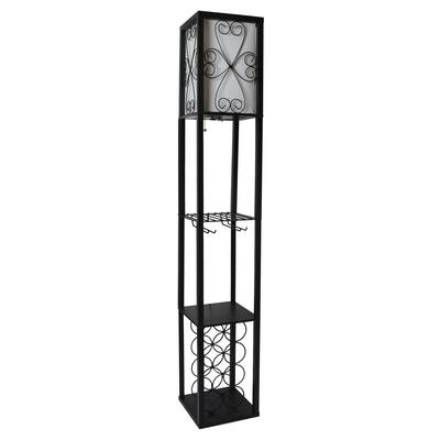 Simple Designs Floor Lamp Storage Shelf and Wine Rack with Linen Shade