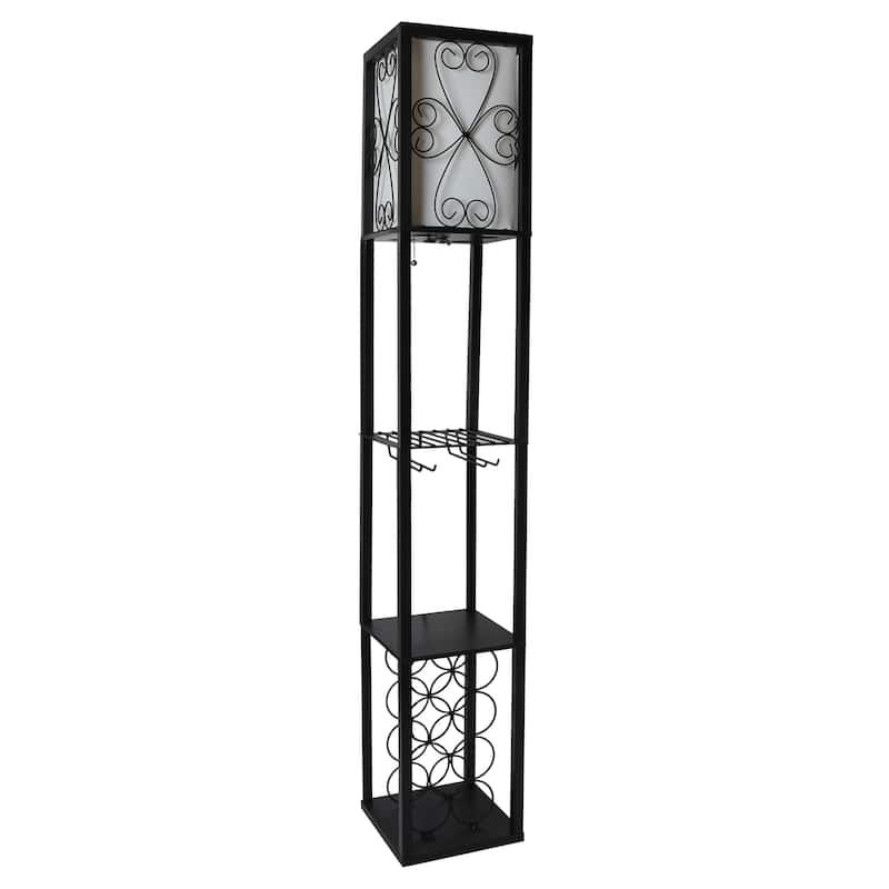 Simple Designs Floor Lamp Storage Shelf and Wine Rack with Linen Shade