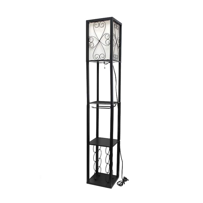 Simple Designs Floor Lamp Storage Shelf and Wine Rack with Linen Shade - Black