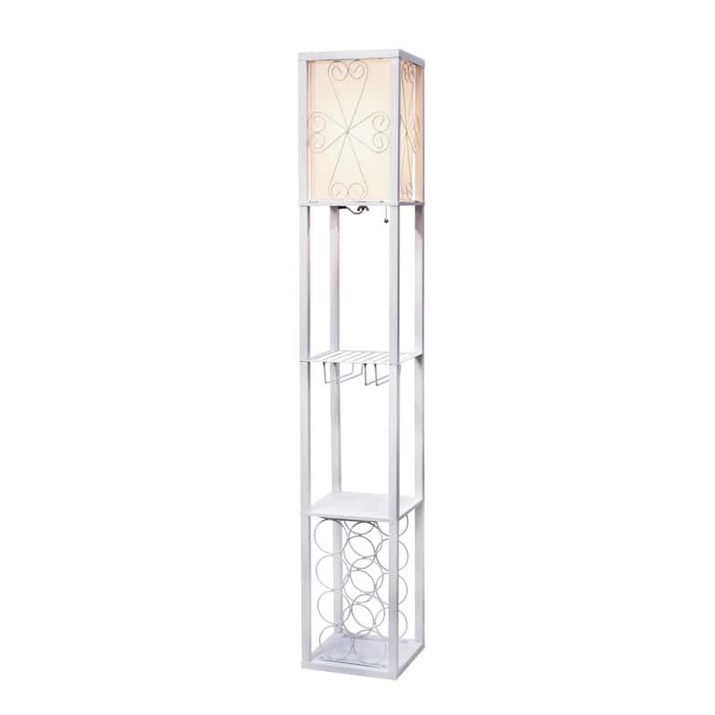 Simple Designs Floor Lamp Storage Shelf and Wine Rack with Linen Shade