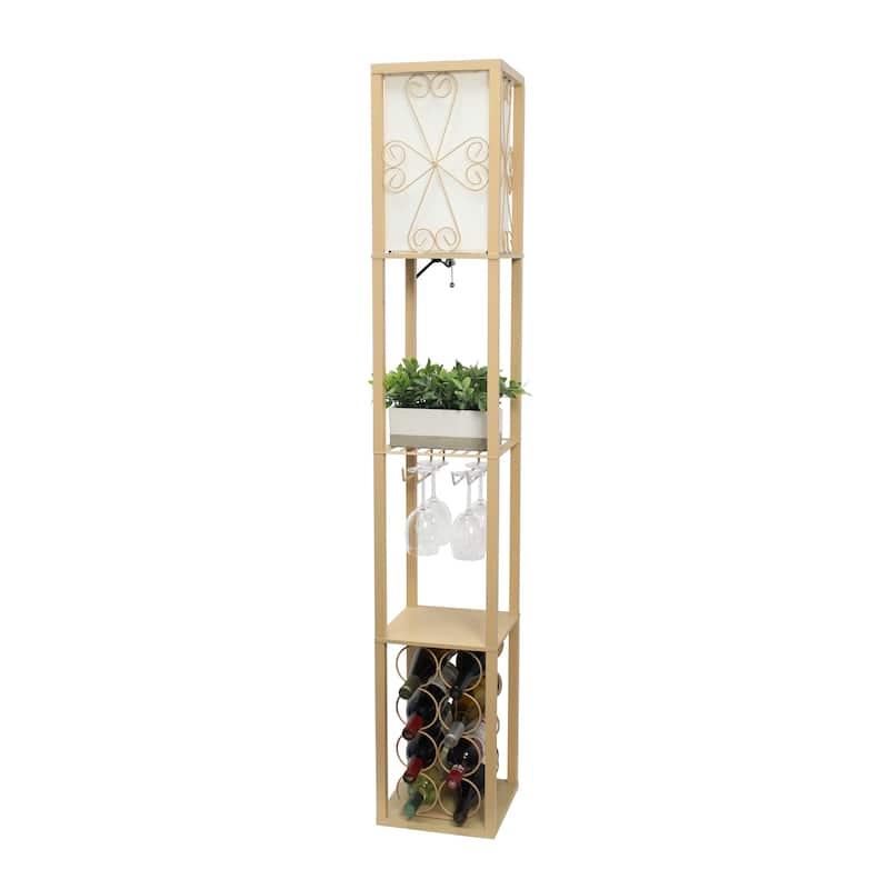 Simple Designs Floor Lamp Storage Shelf and Wine Rack with Linen Shade