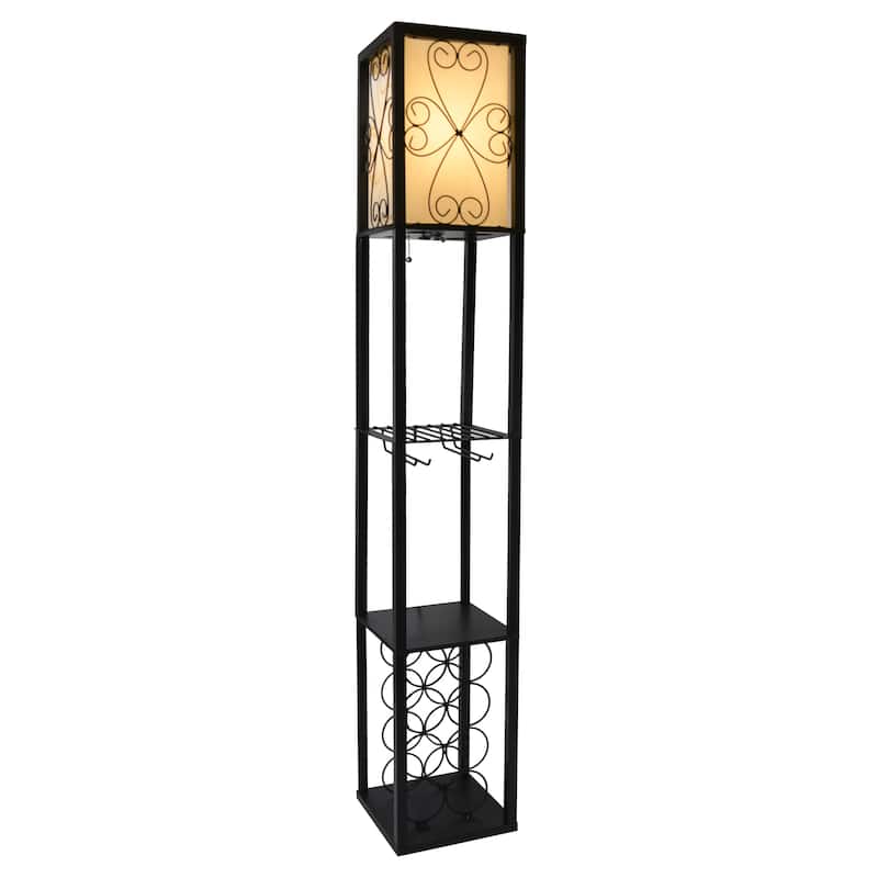 Simple Designs Floor Lamp Storage Shelf and Wine Rack with Linen Shade