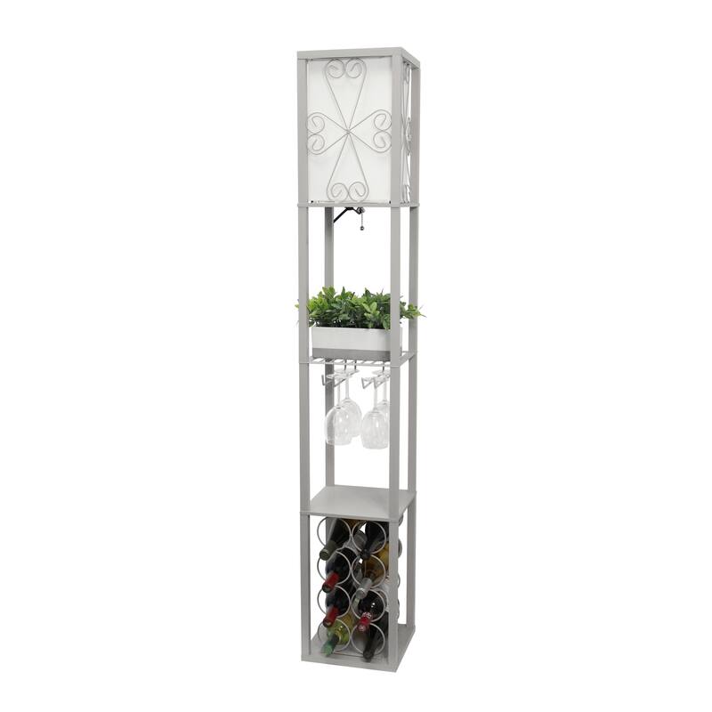 Simple Designs Floor Lamp Storage Shelf and Wine Rack with Linen Shade