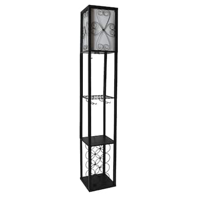 Simple Designs Floor Lamp Storage Shelf and Wine Rack with Linen Shade
