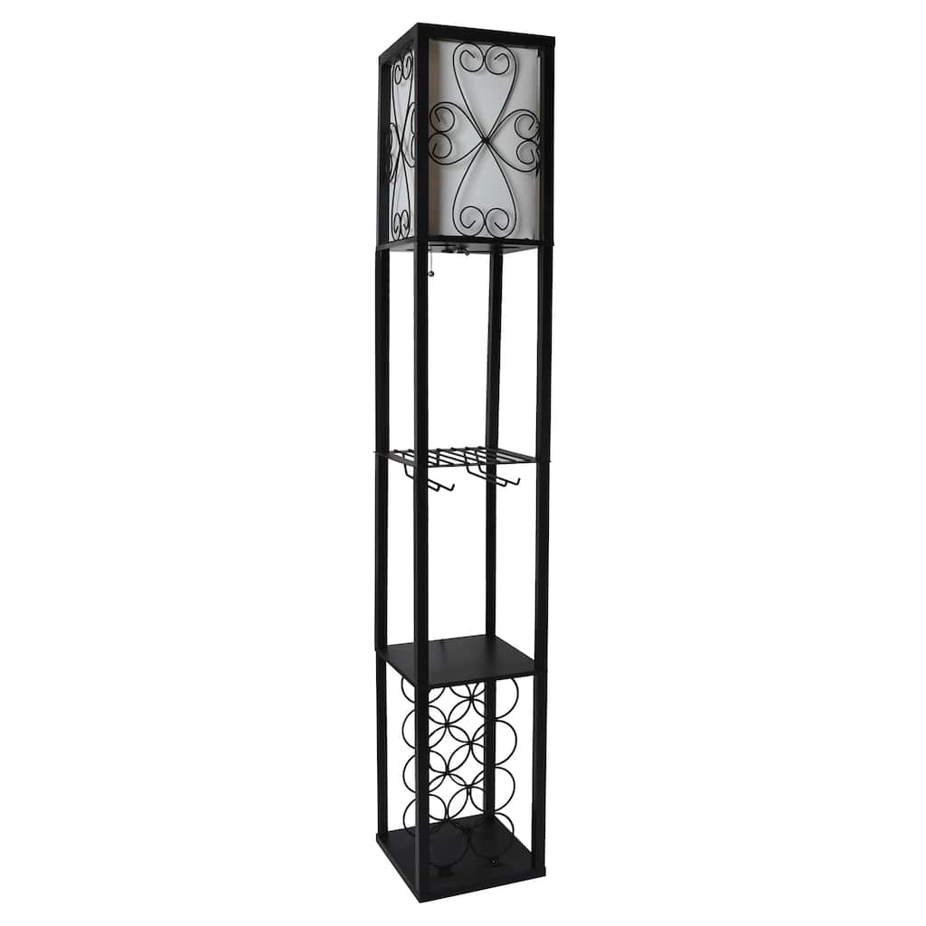 Simple Designs Floor Lamp Storage Shelf and Wine Rack with Linen Shade