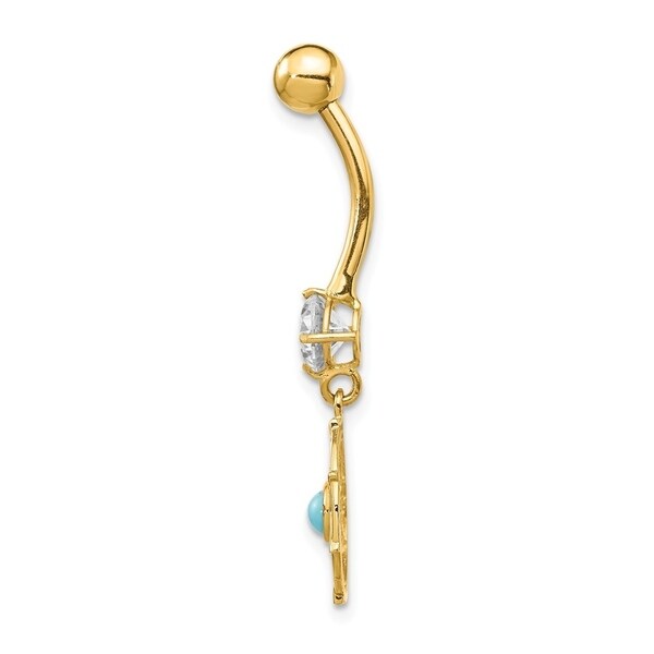 14K YELLOW GOLD TRIPLE PLATED SQUARE DANGLE SIMULATED DIAMOND BELLY NAVEL RING