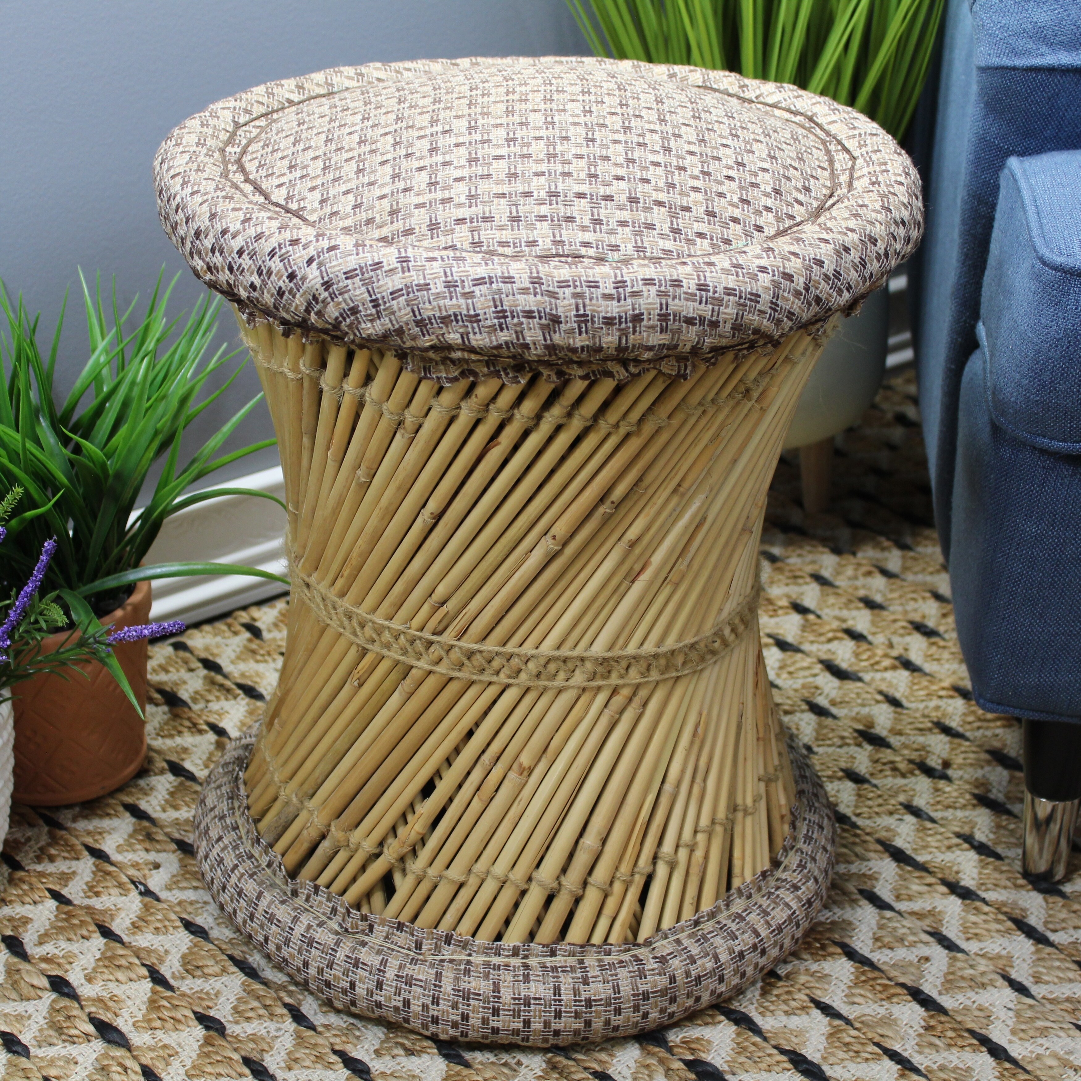 Natural Geo Home Furnishings Natural Geo Moray Jute/Reed Decorative Cushioned Accent Stool