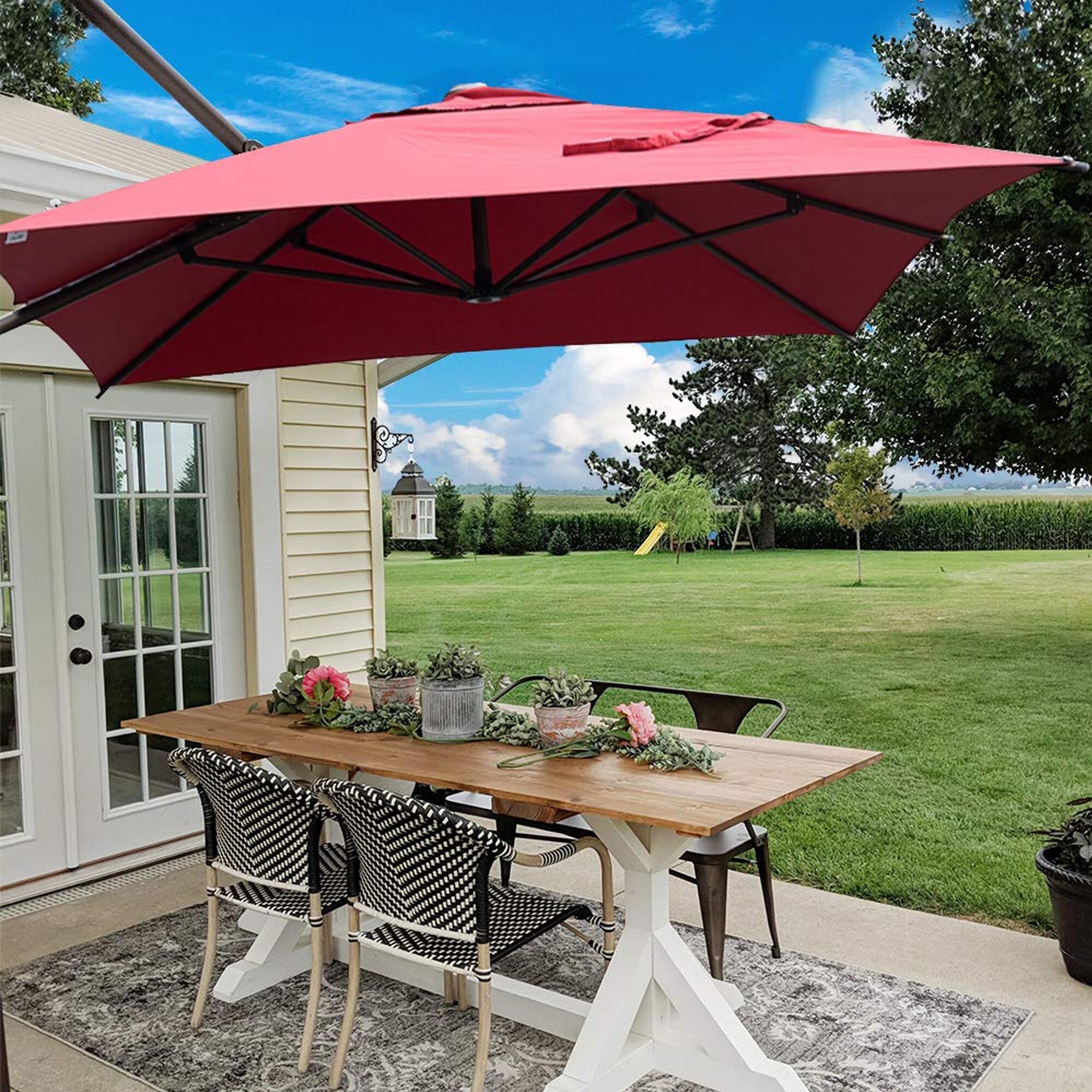 Shop Black Friday Deals On Offset Cantilever 9 By 7 Feet Rectangular Patio Hanging Umbrella With Cross Base Overstock 28608009