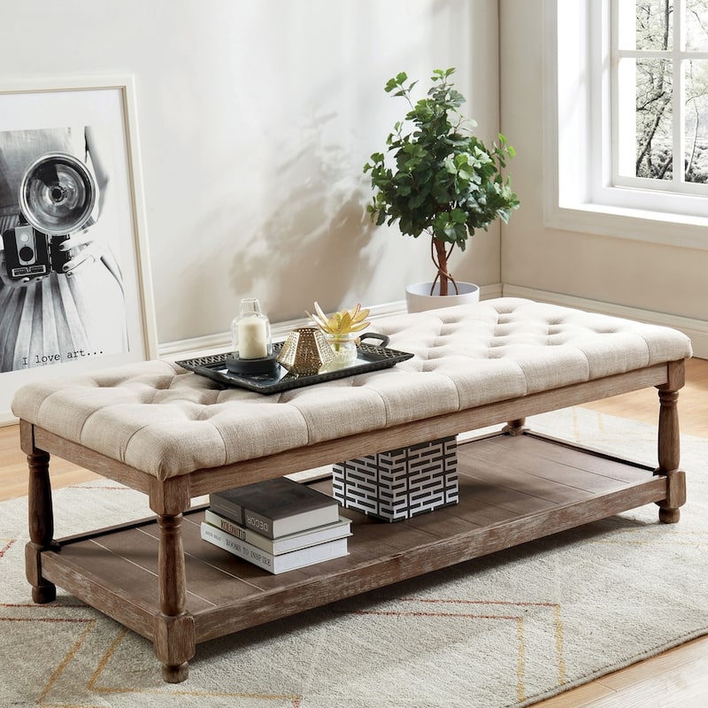 Brookside Rustic Wood Tufted 1-Open Shelf Bench by The Gray Barn - Beige