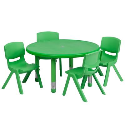 Offex 33'' Round Adjustable Green Plastic Activity Table Set with 4 School Stack Chair