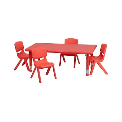 Offex 24''W x 48''L Adjustable Rectangular Red Plastic Activity Table Set with 4 School Stack Chair - N/A