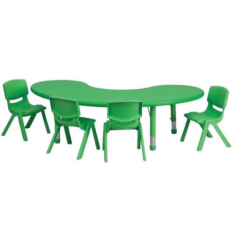 Offex 35''W x 65''L Adjustable Half-Moon Green Plastic Activity Table Set with 4 School Stack Chair