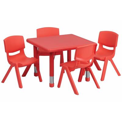 Offex 24'' Square Adjustable Red Plastic Activity Table Set with 4 School Stack Chair