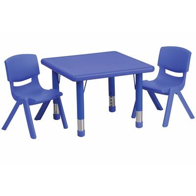 Offex 24'' Square Adjustable Blue Plastic Activity Table Set with 2 School Stack Chair