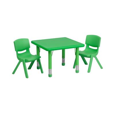 Offex 24'' Square Adjustable Green Plastic Activity Table Set with 2 School Stack Chair