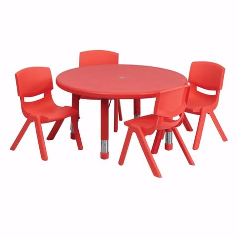 Offex 33'' Round Adjustable Red Plastic Activity Table Set with 4 School Stack Chair - N/A