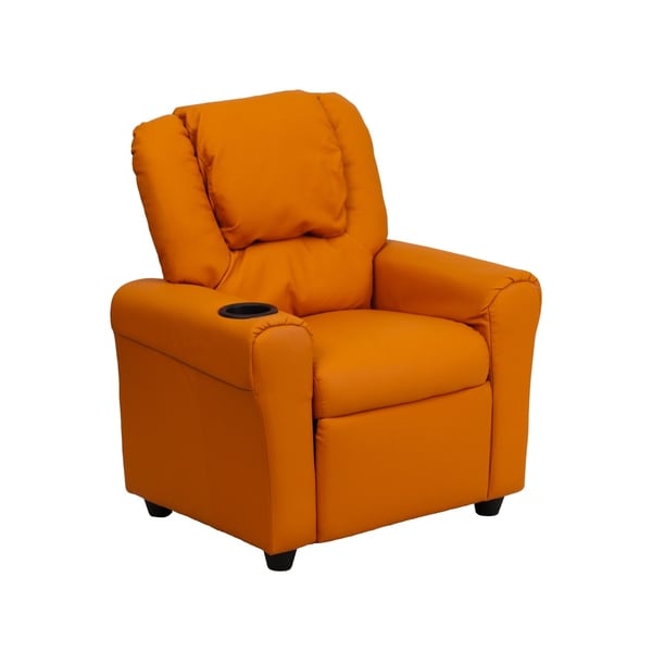 Offex Contemporary Orange Vinyl Kids Recliner with Cup Holder and Headrest